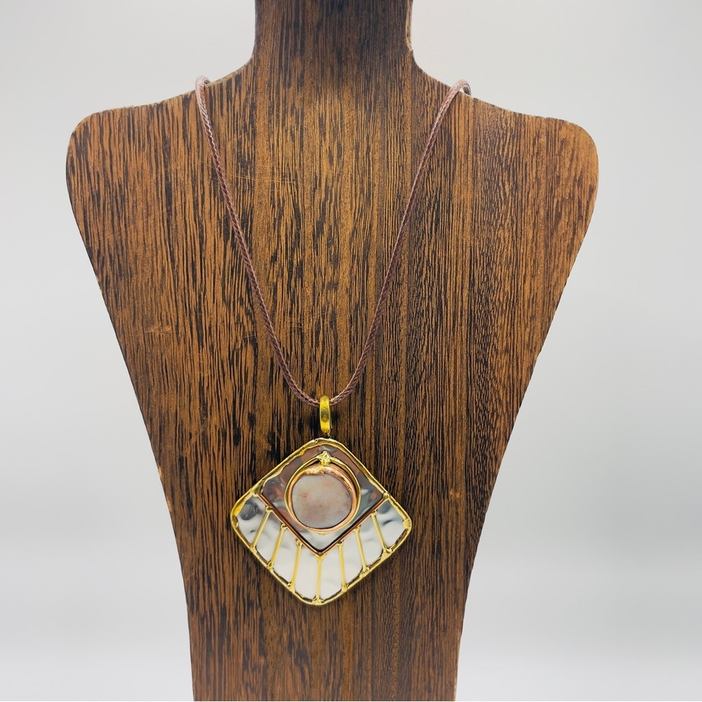 Handmade Artisan Gold, Copper and Silver Pendant Necklace with 18” Leather Cord
